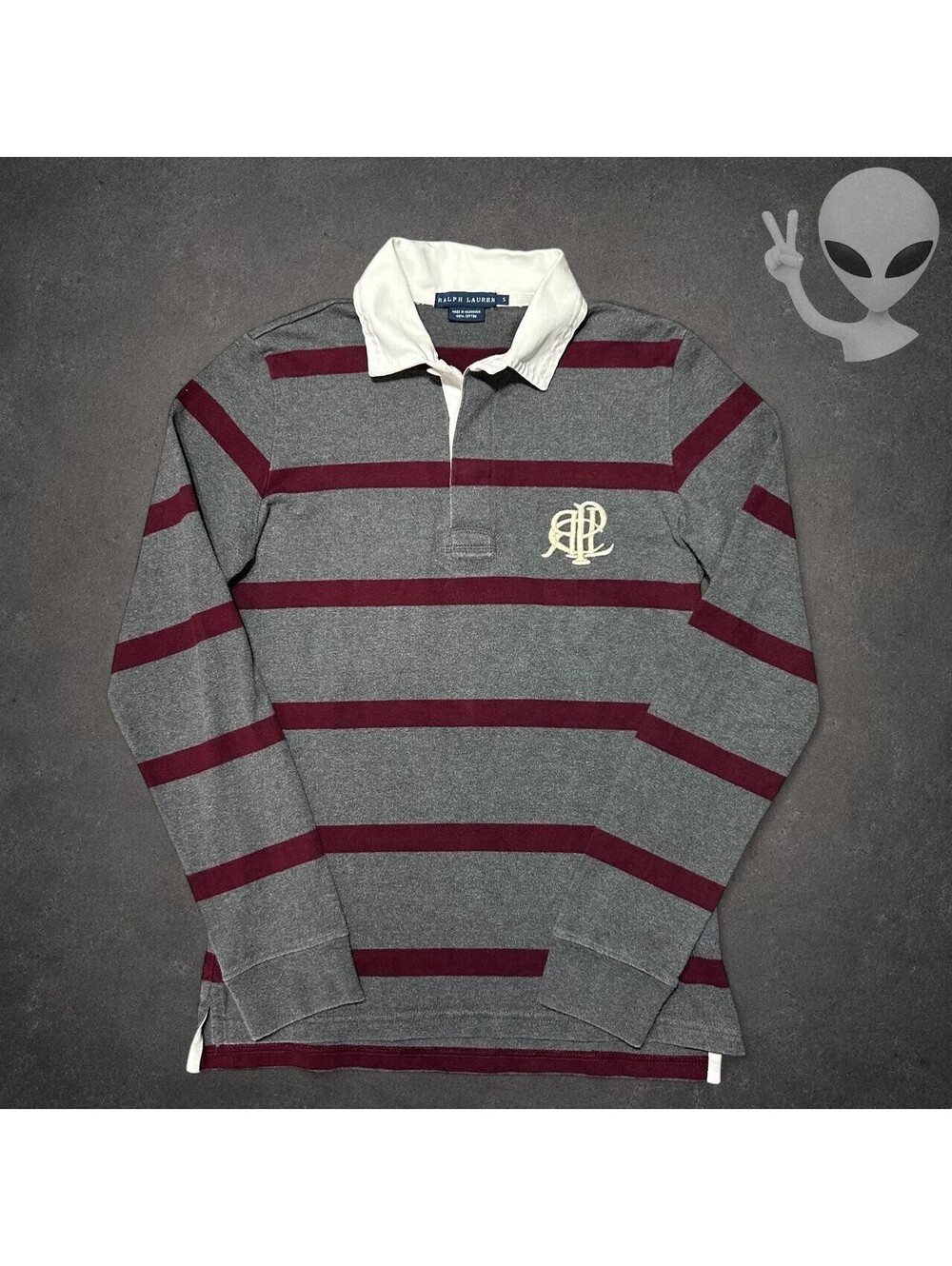 Ralph Lauren Striped Rugby Shirt Womens S Gray Burgundy Embroidered Crest